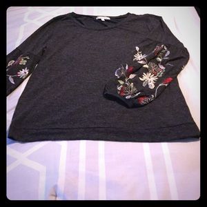 Dark Gray Top with Embroidered Floral Sleeves